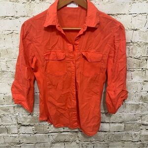 Love Tree Orange Cotton V Neck Ribbed 3/4 Sleeve Button Up